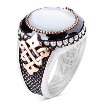 White Mother of Pearl Sterling Silver Mens Ring - 1