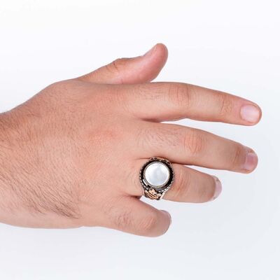 White Mother of Pearl Sterling Silver Mens Ring - 4