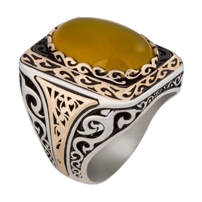 Yellow Stone Sterling Silver Mens Ring on a Square Platform - 1