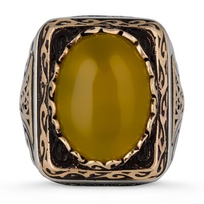 Yellow Stone Sterling Silver Mens Ring on a Square Platform - 2