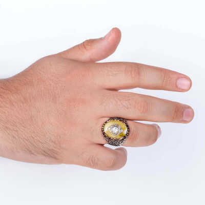 Yellow Yemen Agate Gemstone Silver Mens Ring - 4