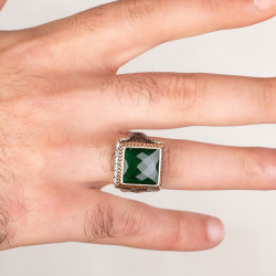 Yeşil Zirkon Taşlı Kare Tasarım Erkek Gümüş Yüzüğü - 3