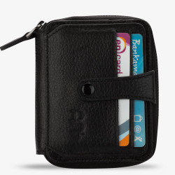 Genuine Leather Men's Zipper Wallet with Snap Closure Black 