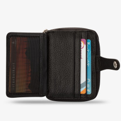 Genuine Leather Men's Zipper Wallet with Snap Closure Black - 3