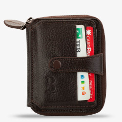 Genuine Leather Men's Zipper Wallet with Snap Closure Brown 