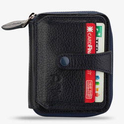 Genuine Leather Men's Zipper Wallet with Snap Closure Navy Blue 