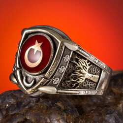 Zırh Model Hayat Ağacı Ay Yıldızlı Kırmızı Mineli Gümüş Erkek Yüzüğü - 1