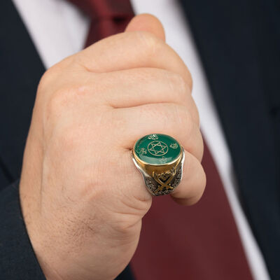 Zülfikar Motif Green Enamel Star of Süleyman 925 Sterling Silver Mens Ring - 4