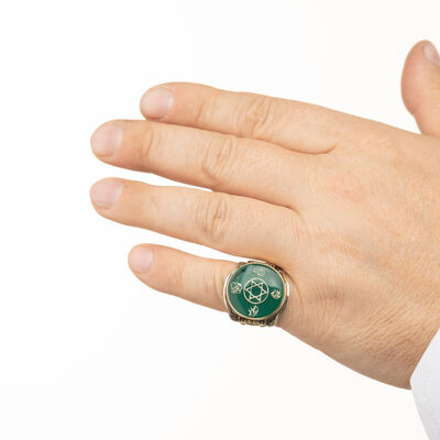 Zülfikar Motif Green Enamel Star of Süleyman 925 Sterling Silver Mens Ring - 5
